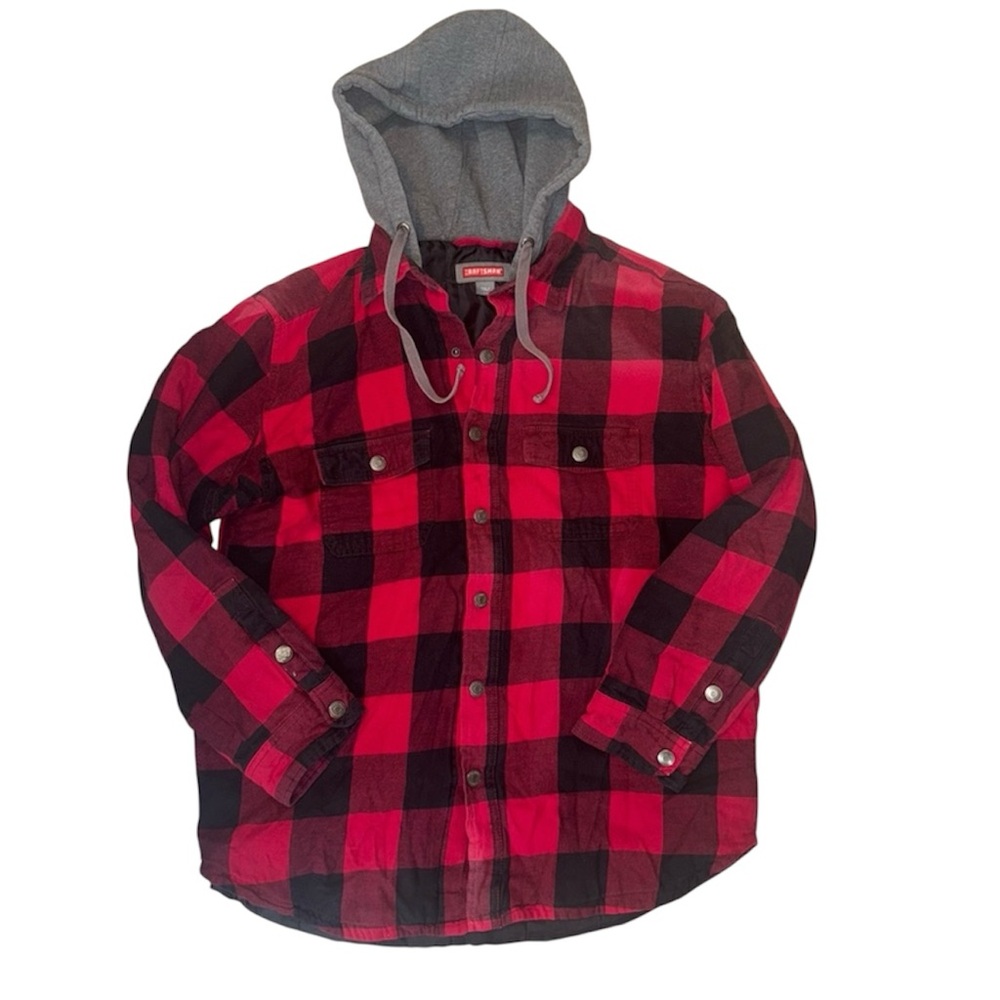 Craftsman Red and Gray Plaid Jacket with Hood - Medium
